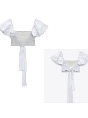 Zara white voluminous ruffle frill sleeve smocked open back crop top back tie L
